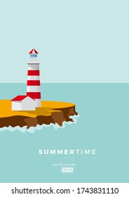 colored Lighthouse on cliff. Design template for Brochure, Flyer or Depliant for business purposes. Vector summer background