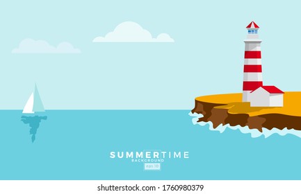 colored Lighthouse on cliff. Design template for Brochure, Flyer or Depliant for business purposes. Vector summer background