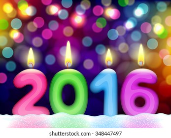 Colored lighting candles in shape of digits are forming together a number 2016, on abstract blurred background with bokeh of multicolor lights