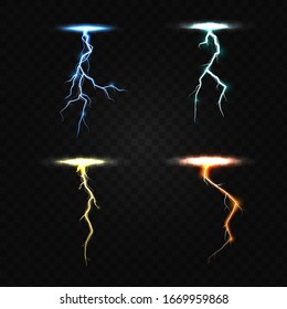 Colored lightning bolt vector set on transparent background. Electric discharges, thunderbolt glowing realistic light effects. Vector Illustration