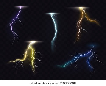 Colored lightning bolt vector set on transparent background. Electric discharges, thunderbolt glowing realistic light effects. Stormy weather, powerful energy release, high voltage strike illustration