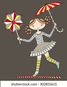 colored line art drawing of circus theme - pretty girl acrobat walking a tightrope with an umbrella and decorative star, vector illustration