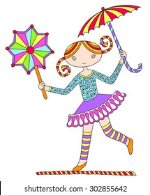 colored line art drawing of circus theme - pretty girl acrobat walking a tightrope with an umbrella and decorative star, vector illustration