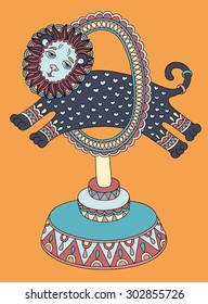 colored line art drawing of circus theme - a lion jumps through a ring, vector illustration