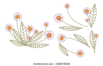 Colored line art flower set. Doodle fantasy round flowers with big leaves. Floral collection of wild flowers.