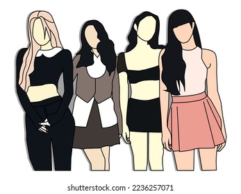 Colored Line art of A group of cute female idols standing in charming poses. Korean idols meet fans, K-pop idols on stage. flat design style vector illustration. black pink kpop image.