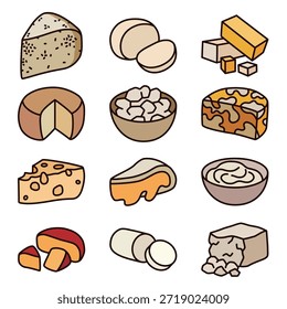 Conjunto de iconos de arte de línea coloreada de varios quesos