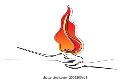 Coloreado arte de la línea de la palma que da el fuego. dibujo del arte de la línea de la mano que da fuego. fondo blanco aislado