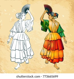 Colored and line art vector  illustration of a spanish dancer girl with fan. Full length figure.