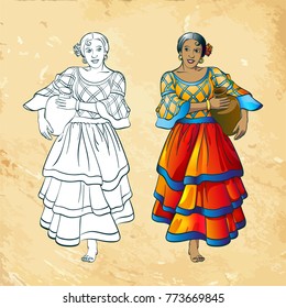 Colored and line art Vector  illustration of a spanish  girl with a water pot. Full length figure.