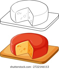 A colored and line art version of a cheese wheel on a wooden board