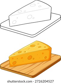 Eine farbige und linienförmige Kunstversion eines Schweizer Käsekeils auf einem Holzbrett