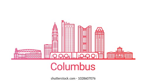 Colored line banner of Columbus city. All buildings - customizable different objects with clipping mask, so you can change background and composition. Line art.