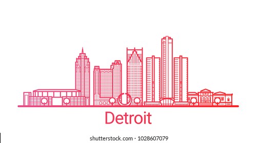 Colored line banner of Detroit city. All buildings - customizable different objects with clipping mask, so you can change background and composition. Line art.