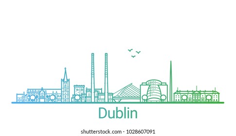 Colored line banner of Dublin city. All buildings - customizable different objects with clipping mask, so you can change background and composition. Line art.