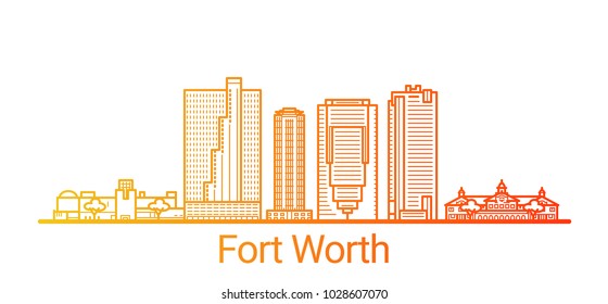 Colored line banner of Fort Worth city. All buildings - customizable different objects with clipping mask, so you can change background and composition. Line art.