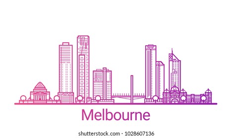 Colored line banner of Melbourne city. All buildings - customizable different objects with clipping mask, so you can change background and composition. Line art.