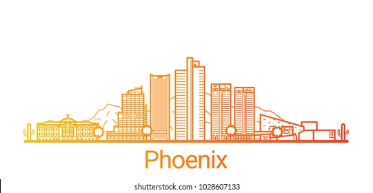 Colored line banner of Phoenix city. All buildings - customizable different objects with clipping mask, so you can change background and composition. Line art.