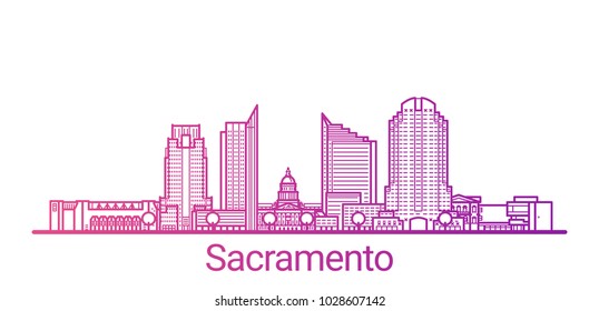 Colored line banner of Sacramento city. All buildings - customizable different objects with clipping mask, so you can change background and composition. Line art.