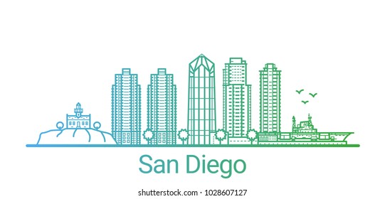 Colored line banner San Diego city  All buildings    customizable different objects and clipping mask  so you can change background   composition  Line art 