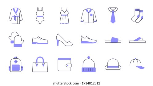 Colored Line Clothing Icon set. Contains such Icons as bathrobe, pajamas, socks, shoes, and more