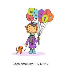 Colored line doodle greeting card illustration of a smiling man with balloons and dog. Be happy