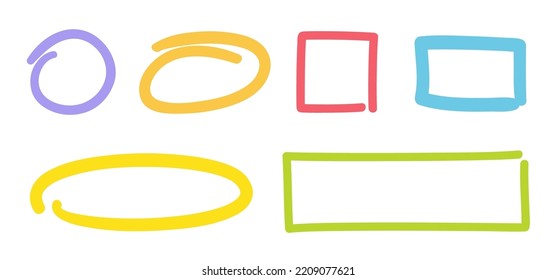 Colored line drawing. Abstract geometric shapes. Circle, oval, square and rectangle. Colorful simple sketchy geometry. Hand drawn doodles. Set of objects. Freehand elements drawn in a linear style