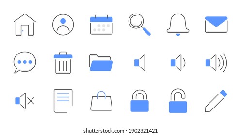 Conjunto de iconos de interfaz de usuario esencial de línea coloreada. Contiene iconos como el hogar, el usuario, la eliminación del calendario y más