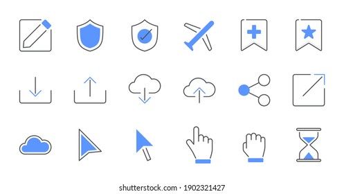 Colored line essential UI Icon set. Contains such Icons as export, security, bookmark, upload, and more