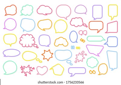 Colored Line Frame Comic Retro Speech Soap Bubble Set. Empty Text Box Different Shapes Balloons, Clouds. Funny Comics Message, Bubbles Gum Blank Icon Template. Isolated On White Vector Illustration