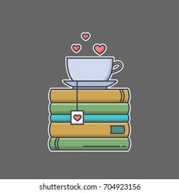 Colored Line Icon Of Pile Of Books And Tea Cup With Heart Symbols. I Love Reading Concept For Libraries, Book Stores And Schools. Vector Illustration Isolated.