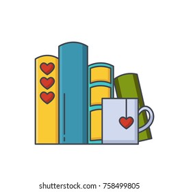 Colored line icon of pile of books and tea or coffee cup with heart symbols. I love reading concept for libraries, book stores and schools. Vector illustration isolated.