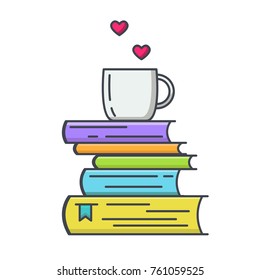 Colored line icon of pile of books and tea or coffee cup with heart symbols. I love reading concept for libraries, book stores and schools. Vector illustration isolated.