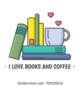 Colored Line Icon Showing Book Stack And Ceramic Mug. Love Reading Concept With Heart Symbols. Title Saying - I Love Books And Coffee. Vector Illustration Isolated.