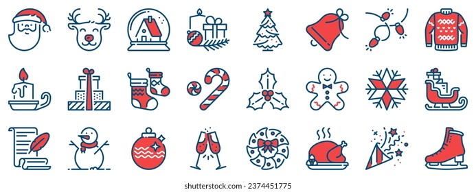 Colored line icons about Christmas with editable stroke.