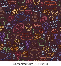 colored line icons of restaurant and fast food like coffee, pizza, sausage and ice cream. Seamless pattern.
