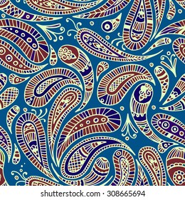 Colored line paisley seamless pattern, blue background