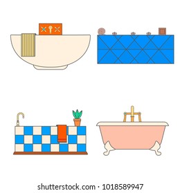Colored line set modern bathtubes with bath supplies vector illustration