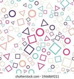 colored line squares, circles and triangles seamless pattern vector illustration 