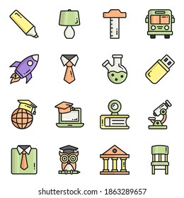 Colored line vector icons set, in flat design education, school, Collection of modern pictograms and university with elements for mobile concepts and web apps.