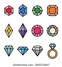 colored line vector illustration of diamonds and gems.