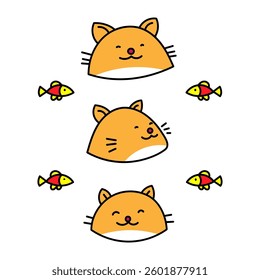 Colored linear doodle set consisting of cats and fish on a white background
