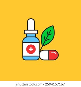 colored linear herbal essence or oil icon. simple outline trend modern abstract vegan logotype graphic design element isolated on yellow. concept of flacon with herb for skin or sustainable symbol