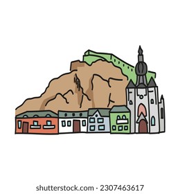 Colored linear Vector icon set of tourist european landmarks. picturesque place in the mountains with a castle. linear style symbols collection, outline signs pack.