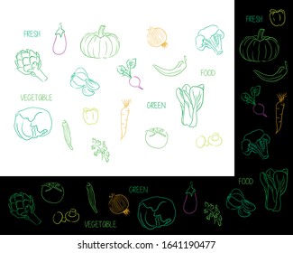 Colored linear vector vegetable drawings. Green, purple and orange vegetables. For food books or vegan visuals.