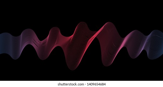 Colored linear waves on black background. Dynamic rainbow. Colorful blend. EPS 10