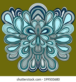 Colored lined pattern with many details. Hand drawn tracery in blue colors.