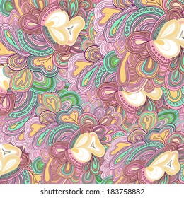 Colored lined pattern in watercolor style. hand drawn tracery in light pink, orange, grey and green colors.