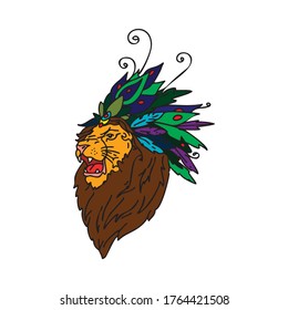 Colored line-drawn lion in a feather headdress