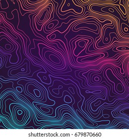 Colored lines in motion on a dark background. Futuristic surface topographic map with space.